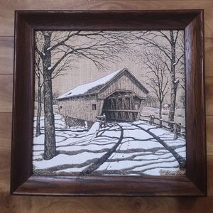 VTG KAYDEE Pure Linen Hand Painted Framed Signed Warren Boucher Bridge Picture